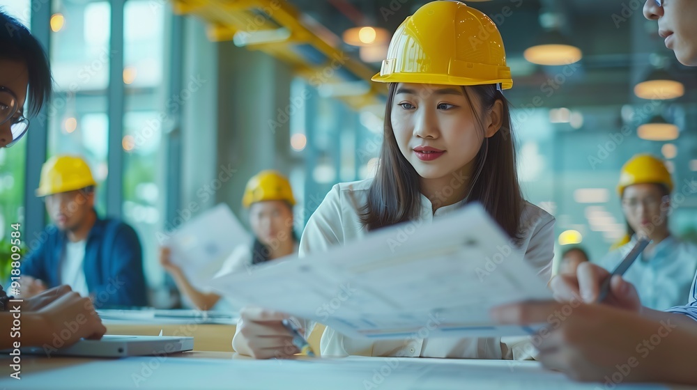 Poster diverse engineer team working at the office table with construction plans and architect equipment an