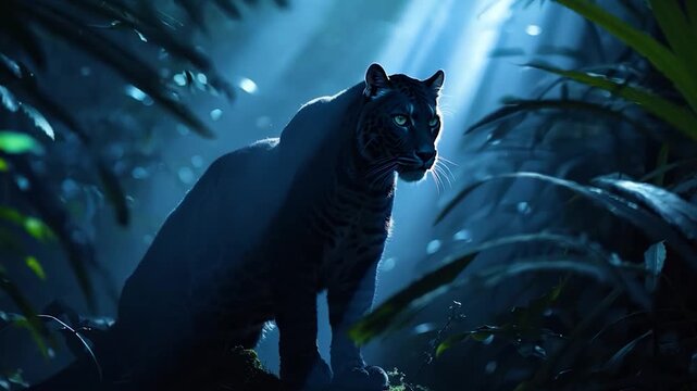 Panther silhouette with dark rainforest