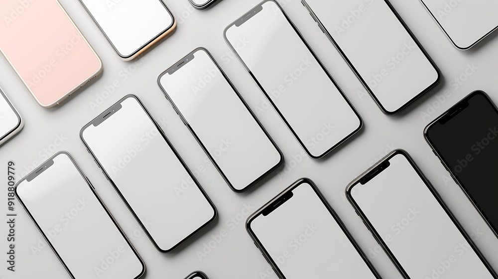 Poster flat rays collection of smartphone mockup blank screen isolated with clipping path on white background : Generative AI