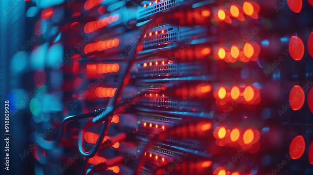 Aufkleber blur technology data center room defocus fiber optic cable and network router switch in data center 