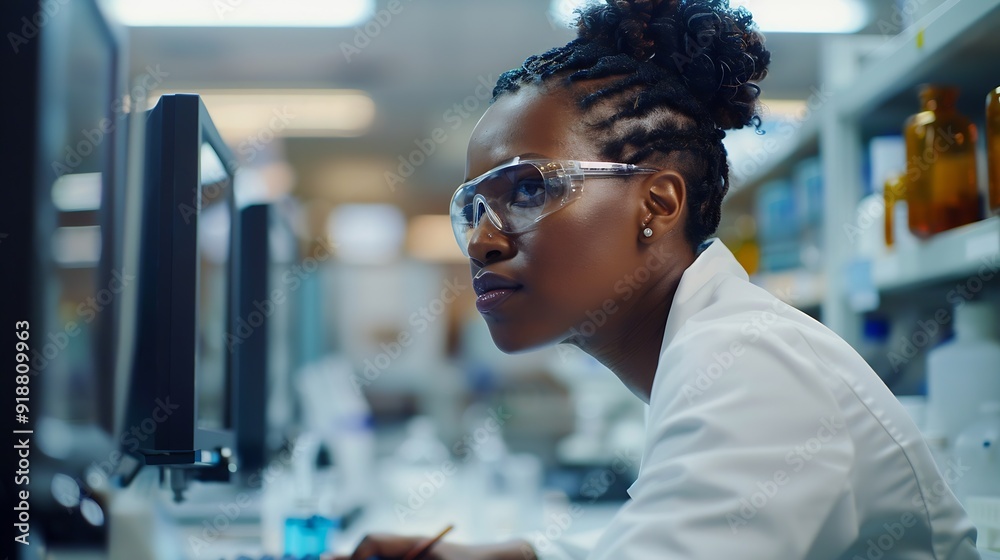Poster a focused african american woman scientist working on a computer in a laboratory setting : generativ