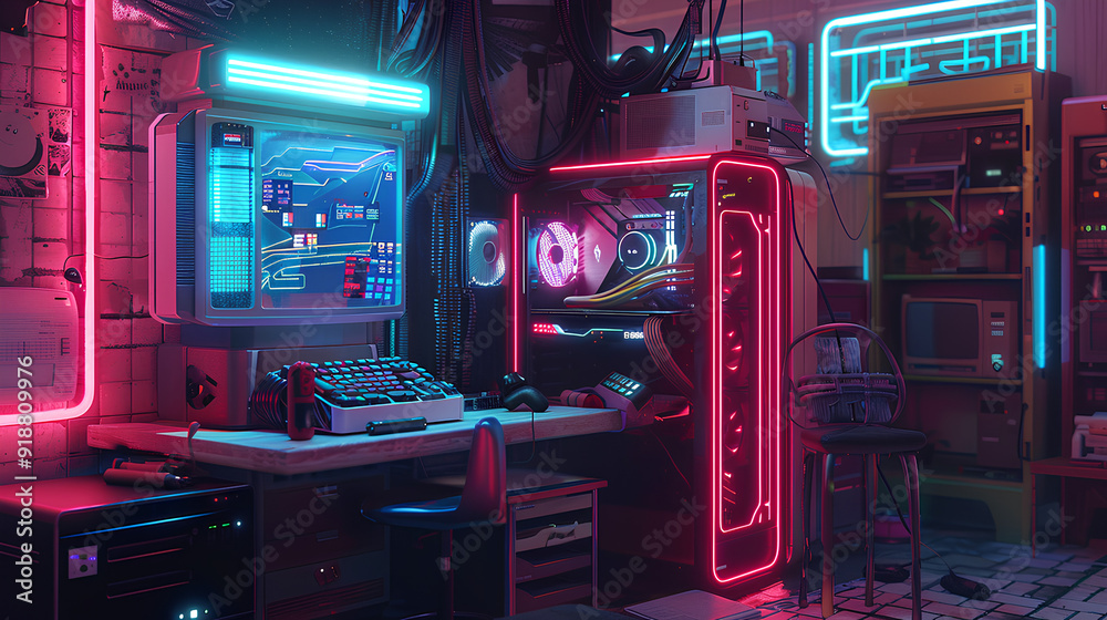 Wall mural pc machine with neon lights