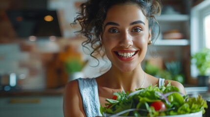 Young happy attractive Latino woman eat green salad in kitchen at home Beautiful girl feel joyful and enjoy eating vegetables healthy foods to diet and lose weight for health care well : Generative AI