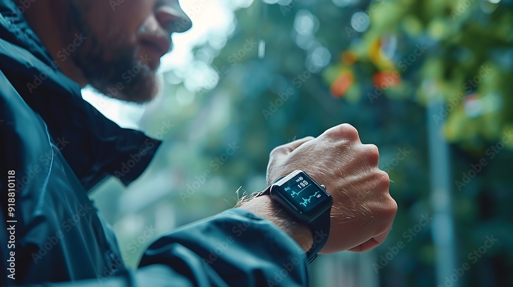 Aufkleber Mid adult man using smart watch during training Heart monitor beats with wristwatch smart watch or future data on healthcare technology in use of smart watch for health condition : Generative AI