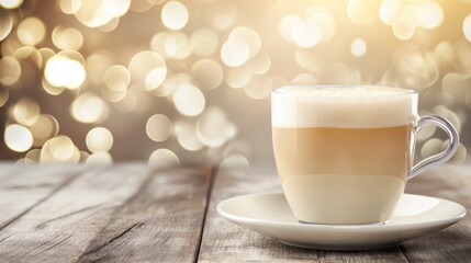 Fototapeta premium A delicious cappuccino features a rich, frothy milk layer, beautifully offset by a soft-focused coffee counter backdrop