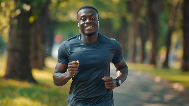 Motivated handsome muscular african american athletic guy jogging by green public park and smiling using earbuds and smartwatch listening to music while running copy space full length  : Generative AI