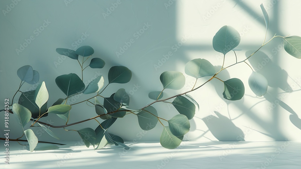 Poster Green eucalyptus branch with shadows on empty light grey background Backdrop for natural product presentation Eco beauty cosmetic advertising display mockup Minimal still life scene Fr : Generative AI