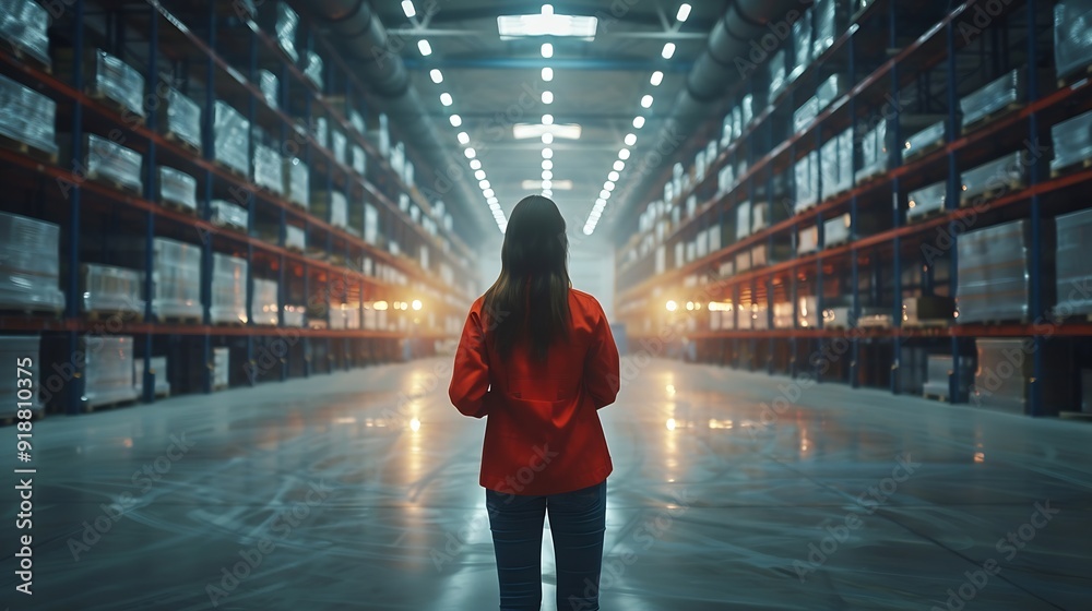 Poster Industry 40 Modern Warehouse Female Engineer in Empty Warehouse Uses Digital Tablet Computer with Augmented Reality Software for Future Factory or Warehouse Layout Concept Shot of Augm : Generative AI