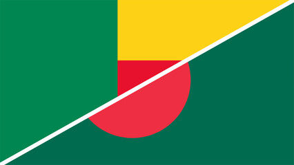 Benin and Bangladesh flags combined in a split design, symbolizing international relations, global unity and cultural exchange