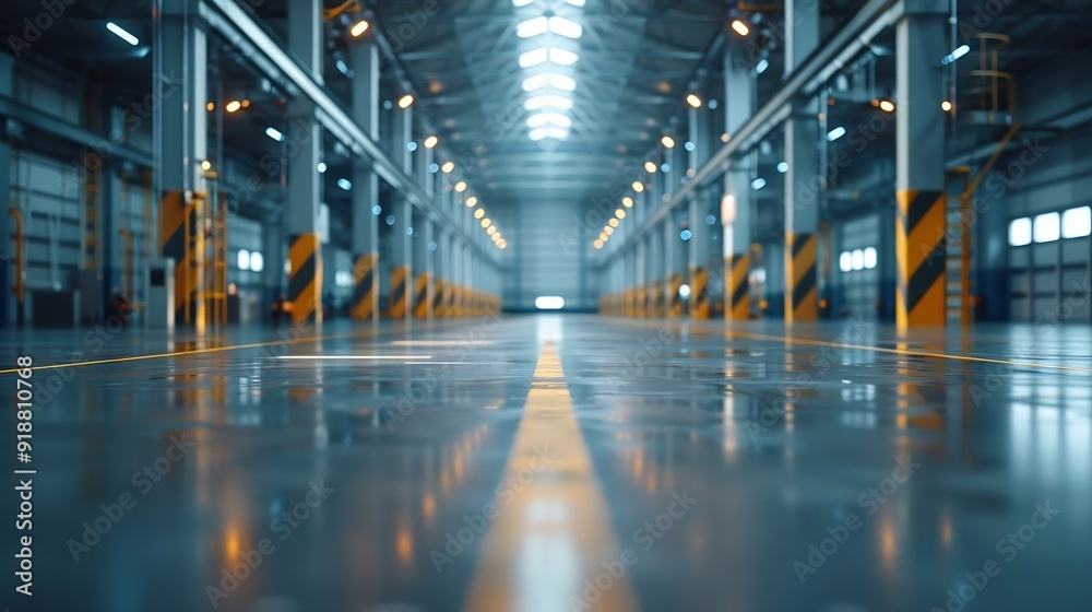 Poster clean and empty industrial hall in detail for supporting poles : generative ai