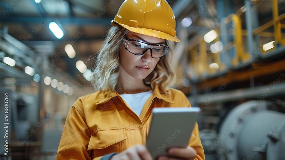 Wall mural Female engineer with digital tablet at construction site Factory foreman worker in hardhat at the precast factory site : Generative AI