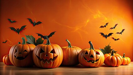 Spooky Halloween pumpkins and bats on an orange background , Halloween, pumpkins, bats, autumn, celebration, spooky