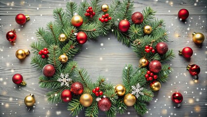 Pine branch wreath with red and gold baubles, snowflakes falling, Christmas, ornaments, pine, wreath, red, gold