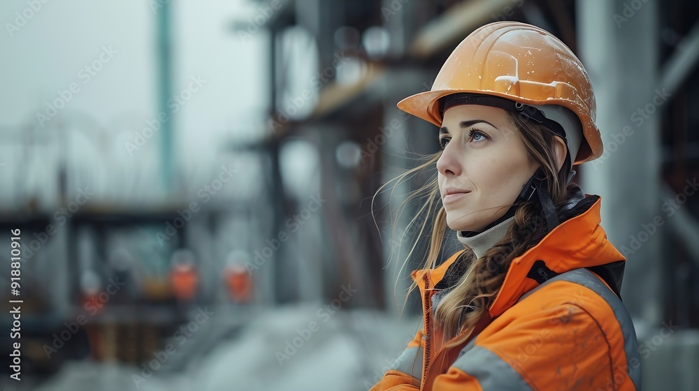 Poster Engineer and female foreman worker team checking project at precast factory site Engineer and builders in hardhats discussing on construction site : Generative AI