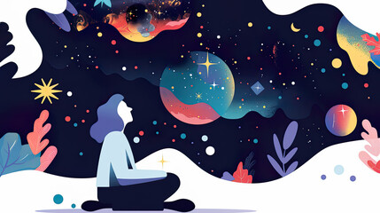 Naklejka premium woman gazing at cosmic wonders with stars and planets. Concept of self reflection and mindfulness
