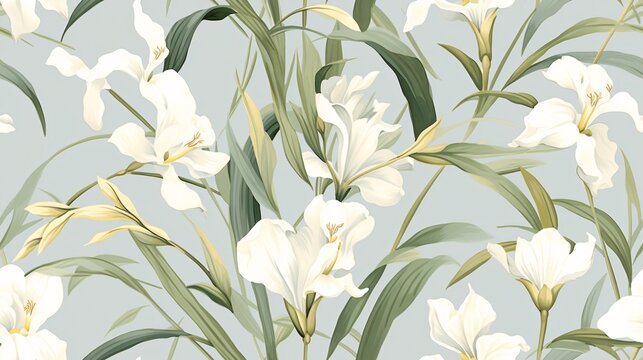 A vintage luxury watercolor pattern featuring delicate white iris flowers intertwined with green leaves, arranged in a seamless design on a soft pastel background
