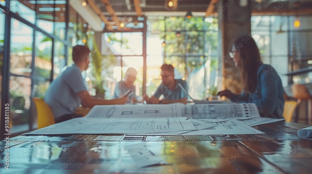 Poster Brainstorming group of architects and engineers discuss building blueprint design paperwork and drawing construction project planning on wooden table in office Construction project bud : Generative AI