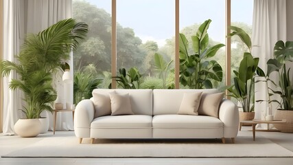 This mockup of a modern living room features a large window, a white sofa, and tropical plants.