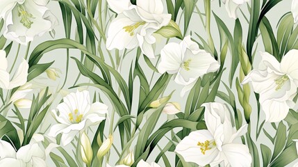 White iris flowers with flowing green leaves, illustrated in a watercolor style to create a seamless vintage-inspired pattern