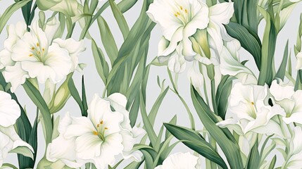 White iris flowers with flowing green leaves, illustrated in a watercolor style to create a seamless vintage-inspired pattern