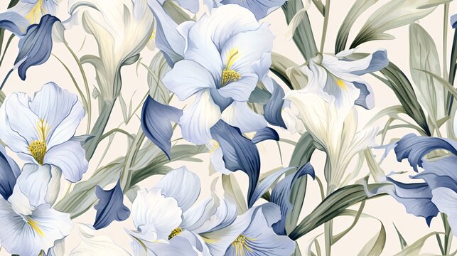 Seamless pattern of white iris flowers and slender leaves in a watercolor design, evoking a classic and refined aesthetic