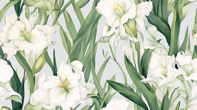 White iris flowers with flowing green leaves, illustrated in a watercolor style to create a seamless vintage-inspired pattern