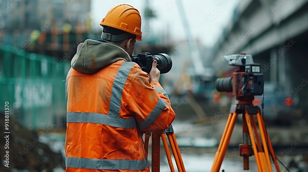 Poster Man checking work process on construction site working : Generative AI