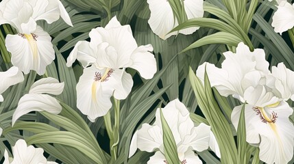 Vintage-inspired seamless pattern of watercolor white iris flowers and verdant leaves, perfect for a luxury design