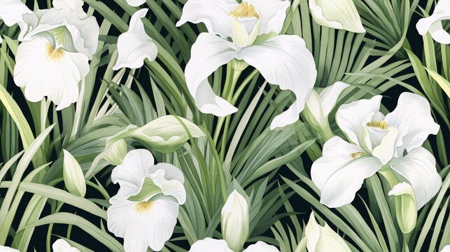 Luxurious watercolor pattern featuring white iris flowers and leaves, designed to evoke a sense of elegance and sophistication