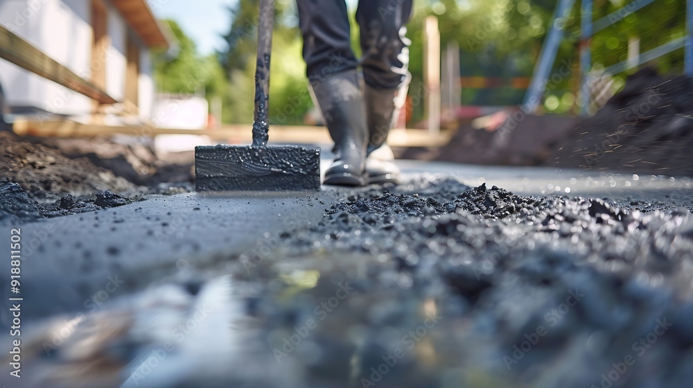 Poster Man working on smoothing concrete driveway for the new home build at construction site Architecture and exterior structure base progress safety foundation pavement ground Real estate i : Generative AI