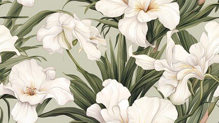 A sophisticated seamless pattern featuring watercolor white iris flowers with detailed leaves, creating a refined vintage look