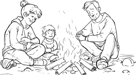 Campfire, family enjoying warmth. White background 