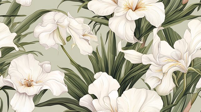A sophisticated seamless pattern featuring watercolor white iris flowers with detailed leaves, creating a refined vintage look