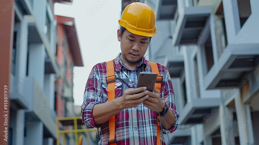 Poster Construction engineer using mobile smart phone on site during inspection selective focus : Generative AI
