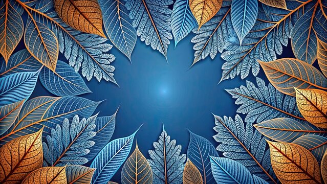 Intricate leaf patterns in blue and orange hues , leaves, intricate, patterns, blue, orange, vibrant, nature