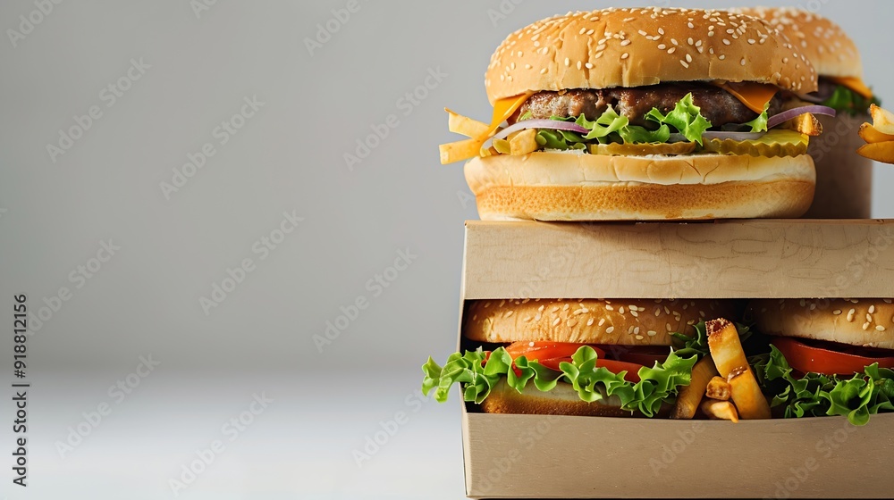 Poster Stack of fast food Boxes on white Background : Generative AI