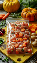 Yellow table background with a bag of frozen food in the center, surrounded by cooking ingredients