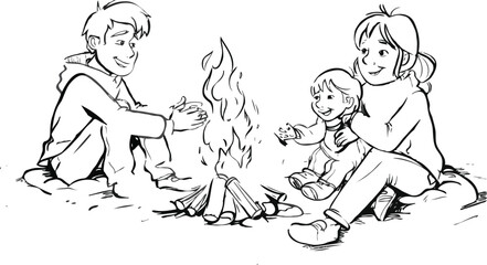 Campfire, family enjoying warmth. White background 