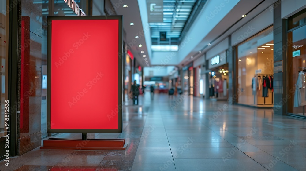 Poster red blank sign inside shopping mall mock up advertise display frame setting over the clothes line in the shopping department store for shopping business fashion and advertisement conce : Generative AI