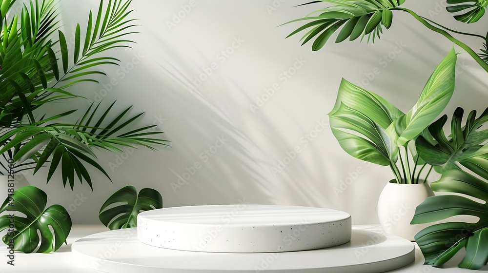 Aufkleber creative concept of minimalism with leaf and plaster podium blank space on white podiums for present