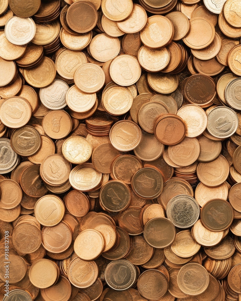 Poster Intricate Aerial View of Golden Coins in Symmetrical Geometric Pattern with Warm Soft Lighting
