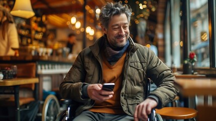 Obraz premium Happy paraplegic handicapped man in wheelchair is sitting at restaurant and using smartphone : Generative AI