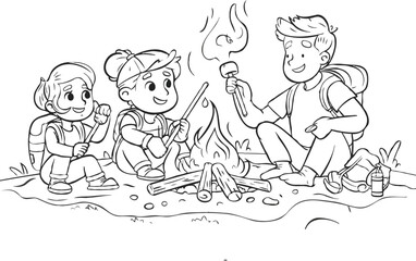 Campfire, family enjoying warmth. White background 