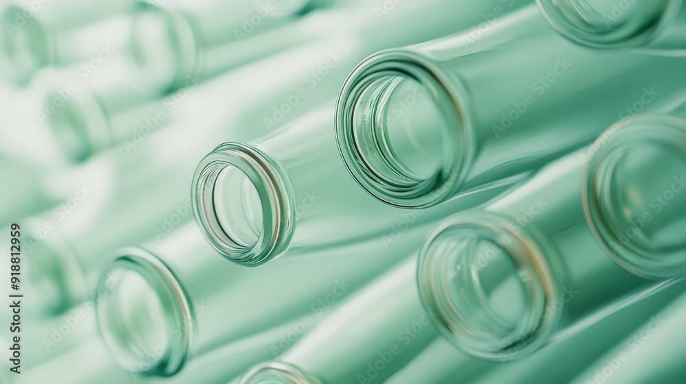 Poster Aerial View of Symmetrical Green Perfume Bottles with Intricate Geometric Patterns in Bright, Diffused Light – Pastel Tone Image