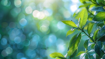 Summer background of blue and green blurred foilage and sky with bright bokeh Blurry abstract summer background Natural green leaves using as cover page greenery environment ecology ba : Generative AI