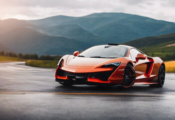 Obraz premium A sleek orange sports car with a low profile, featuring sharp lines and a modern design. The car is parked showcasing its aerodynamic features and stylish wheels.
