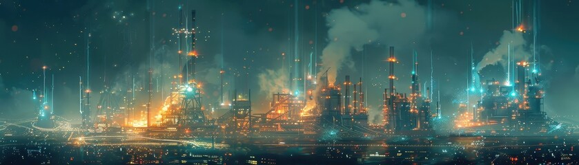A futuristic industrial landscape with glowing structures and smoky atmospheres, evoking advanced technology and innovation.