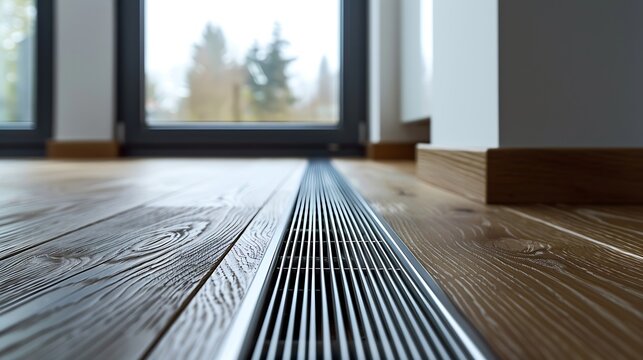 Close up of wooden floor with chrome ventilation grid of central underfloor heating system against window in apartment Energy consumption in cold season Concept of smart home : Generative AI