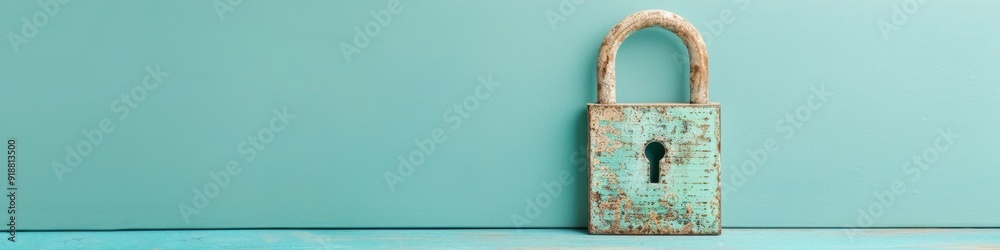 Aufkleber Flat Lay of Tablet with Lock Icon on Turquoise Background Highlighting Data Safety in a Minimalist Style