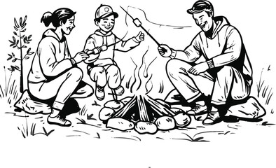 Campfire, family enjoying warmth. White background 